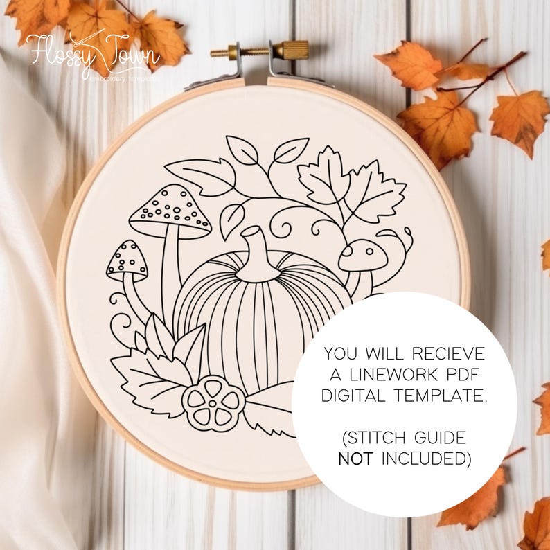 Puede incluir: Un dibujo en blanco y negro de una calabaza, setas y hojas sobre un fondo blanco. La imagen est&aacute; en un aro de bordado de madera. El texto "YOU WILL RECIEVE A LINEWORK PDF DIGITAL TEMPLATE. (STITCH GUIDE NOT INCLUDED)" est&aacute; debajo de la imagen.