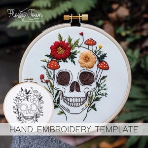 Nature Skull Hand Embroidery Template(NO STITCH GUIDE), Skull Mushrooms Embroidery Pattern, Gothic Embroidery Pattern Spooky Embroidery
