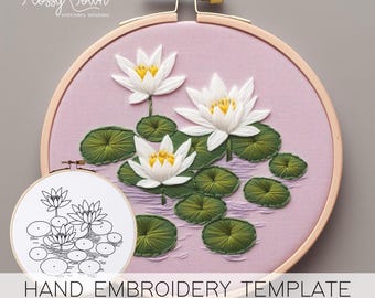 Water Lilies Hand Embroidery Template, Serenity Embroidery Floral Pattern Template, Spring Lilies Embroidery Pattern, Lillies Embroidery