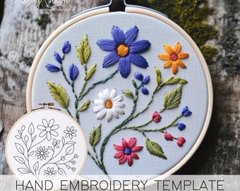 ヤグルマギクの刺繍パターン：簡単な花柄デザイン（PDFパターン