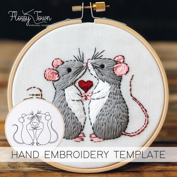 ネズミの手刺繍テンプレート（ステッチガイドなし）、かわいいネズミの