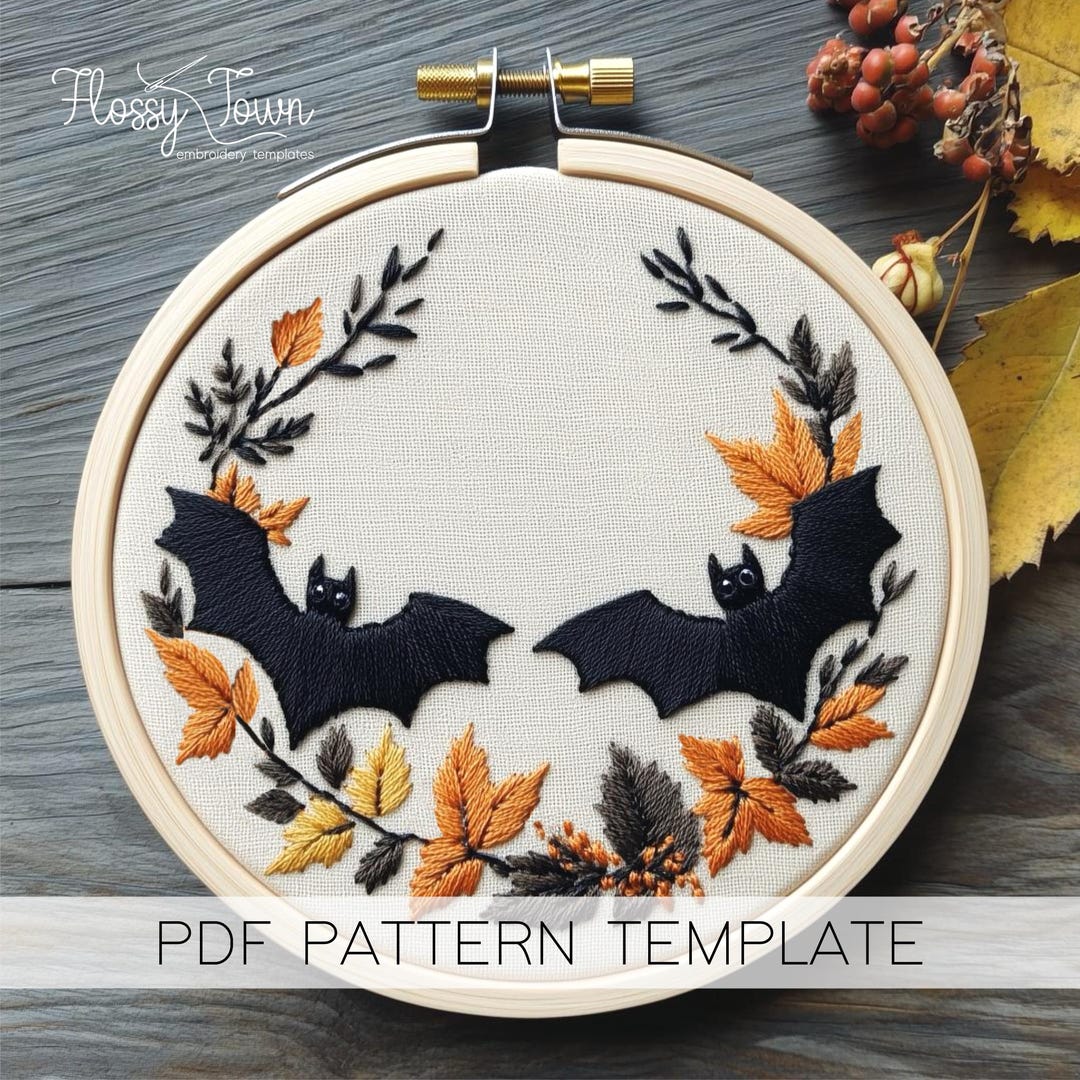 Bats Wreath Hand Embroidery Pattern Template, Spooky Halloween ...