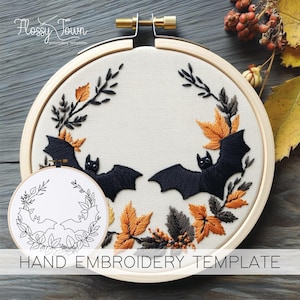 Modèle de broderie à la main de couronne de chauves-souris (SANS GUIDE DE POINT), modèle de motif de broderie effrayant d&#39;Halloween Broderie de chauves-souris mignonnes Broderie d&#39;automne amusante