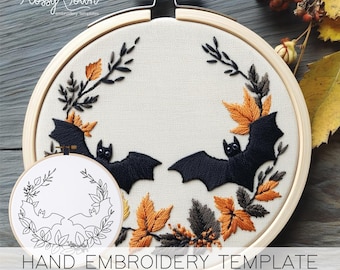 Bats Wreath Hand Embroidery Template(NO STITCH GUIDE), Spooky Halloween Embroidery Pattern Template Cute Bats Embroidery Fun Fall Embroidery