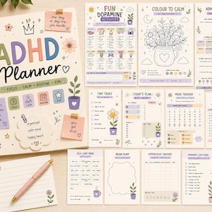 May include: An ADHD planner with 14 printable pages. The spiral-bound notebook is titled "ADHD Planner" and includes sections for focus, calm, routine, and fun. A pen, a cup of coffee, and decorative elements are also present.