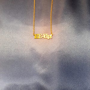 May include: A gold chain necklace with a pendant that says "EE-Yip!"