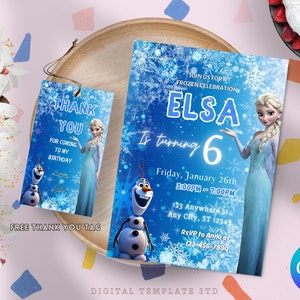 FROZEN Invitation Elsa Birthday Invitation Winter Snow Birthday Printable,Editable Frozen Olaf Invite Instant Download, Elsa Thank You TAG