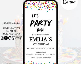Colorful Confetti Birthday Invitation Template, Editable Rainbow Confetti Birthday Party Invitation, Digital Simple Birthday e-Invite