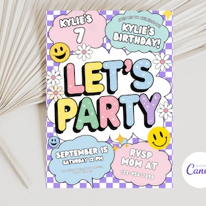 Puede incluir: Una colorida invitación de fiesta con un diseño retro. La invitación presenta el texto "Let's Party" en letras grandes de burbujas, junto con los detalles del cumpleaños de Kylie, incluyendo la fecha, la hora y la información de RSVP. Caritas sonrientes y margaritas decoran la invitación.