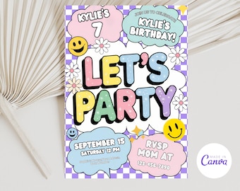 Lettre d'invitation preppy | Invitation d'anniversaire modifiable de patch universitaire rétro | Let's Party Smiley Face Invitation numérique à télécharger