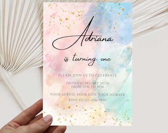 Rainbow Birthday Invitation Ombre Pastel Invitation Colorful Watercolor Splash Gold Glitter Sprinkles Tie Dye Printable Digital Invite
