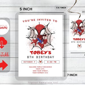 May include: Printable invitation for an 8th birthday party featuring a cartoon Spiderman in a web. The invitation is 5 inches by 7 inches and includes the text "You're invited to Toby's 8th Birthday" and details for the party.