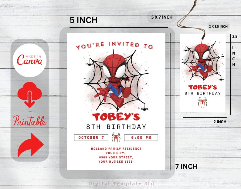 May include: Printable invitation for an 8th birthday party featuring a cartoon Spiderman in a web. The invitation is 5 inches by 7 inches and includes the text "You're invited to Toby's 8th Birthday" and details for the party.