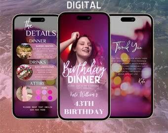 Animated Birthday Dinner invitation, Digital Dinner Birthday Invite, Editable Birthday Party Template, Text, Birthday Party, text evite