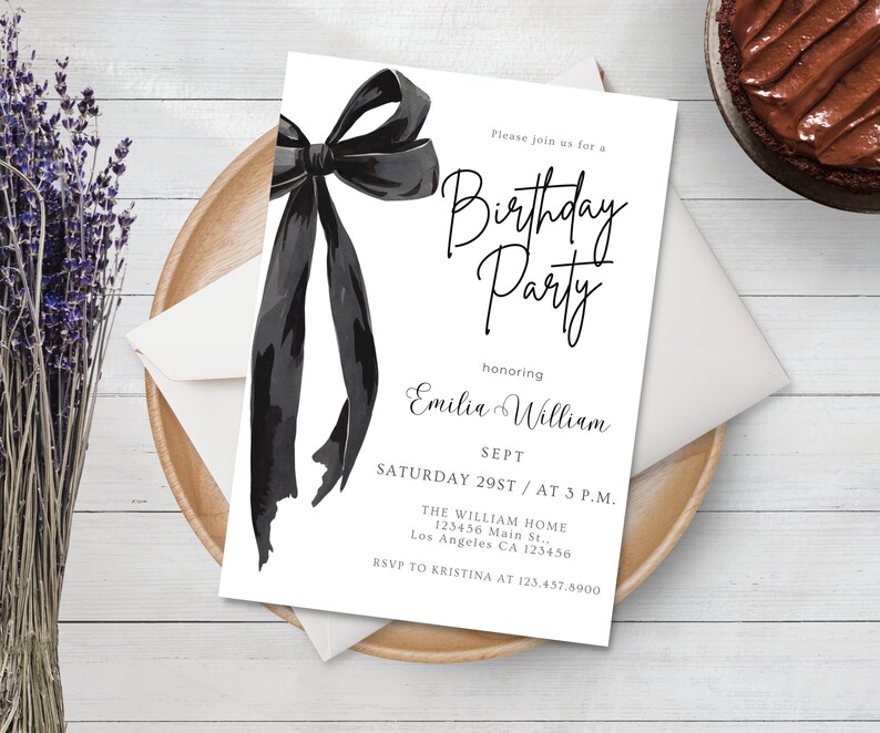 May include: White birthday party invitation with a black watercolor bow illustration. The invitation includes the text "Birthday Party" and event details, including the honoree's name, date, time, and location.
