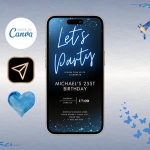 May include: A smartphone screen displays a digital invitation with the text "Let's Party" in white script. The invitation is for Michael's 25th birthday, with the date and time listed. Decorative elements include a blue watercolor heart and butterflies.