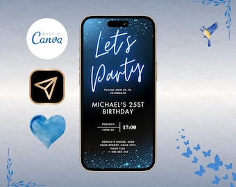 Modello di invito elettronico per feste digitali con luce blu neon, invito con messaggio di testo per compleanno, invito elettronico per feste telefoniche scaricabile, invito elettronico blu neon nero