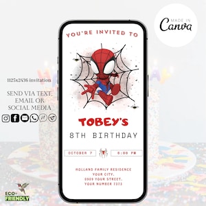 Spider man Invitation Template, Digital Kids Spidey Birthday Party Invitation, Editable Spiderman Birthday, Electronic Phone Birthday Invite