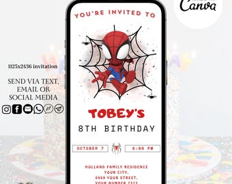 Spider man Invitation Template, Digital Kids Spidey Birthday Party Invitation, Editable Spiderman Birthday, Electronic Phone Birthday Invite