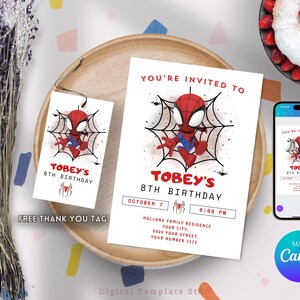 May include: A printable invitation for a child's 8th birthday party. The invitation features a cartoon image of Spiderman in a red and blue suit, hanging from a web. The text on the invitation reads "You're invited to Tobey's 8th Birthday, October 7, 6:00 PM, Holland Family Residence, Your City, Your Street, Your Number 1233".