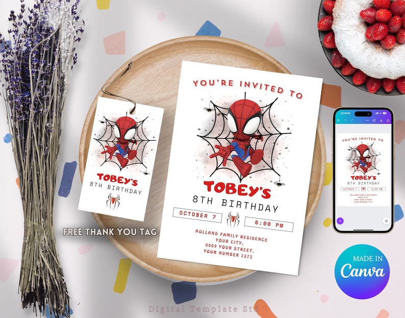 May include: A printable invitation for a child's 8th birthday party. The invitation features a cartoon image of Spiderman in a red and blue suit, hanging from a web. The text on the invitation reads "You're invited to Tobey's 8th Birthday, October 7, 6:00 PM, Holland Family Residence, Your City, Your Street, Your Number 1233".