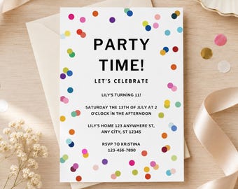 Editable Colored Confetti Bday Invitation Template, Printable Colorful Birthday Party Invite, Colourful Confetti For Kids Birthday Template