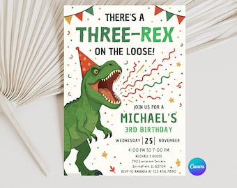 EDITABLE Dinosaur Birthday Invitation, Editable Three Rex Birthday Invite, Boys Third Birthday Dino Party, Three-Rex On The Loose