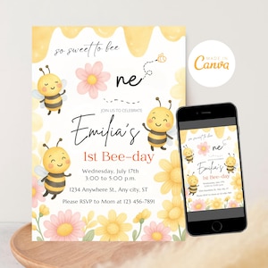 Convite de aniversário de abelha, modelo de convite para festa Sweet to Bee One editável, convite de aniversário com folhagens florais amarelas e abelhas para impressão