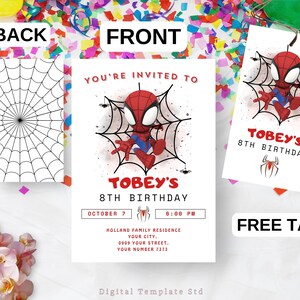 May include: Printable Spiderman birthday party invitation with a red and blue cartoon Spiderman character on a white background with a black spider web. The invitation says "You're invited to Tobey's 8th Birthday" and includes details for the party.