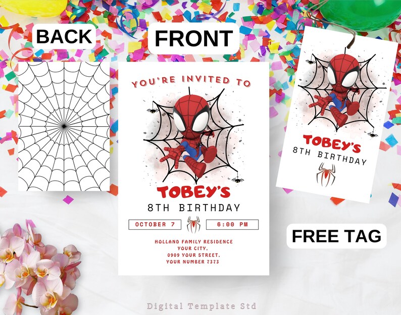 May include: Printable Spiderman birthday party invitation with a red and blue cartoon Spiderman character on a white background with a black spider web. The invitation says "You're invited to Tobey's 8th Birthday" and includes details for the party.