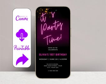 Invitación de cumpleaños con luz de neón morada, invitación con mensaje de texto con brillo rosa y morado, invitación electrónica para fiesta en negro y morado, para cualquier edad, teléfono móvil, Evite