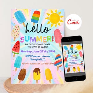 Op de afbeelding: Een kleurrijke zomer-uitnodiging met de tekst "hello SUMMER!" en illustraties van ijslolly's. De uitnodiging bevat evenementdetails: datum, tijd, adres en RSVP-informatie. Een smartphone toont hetzelfde ontwerp.