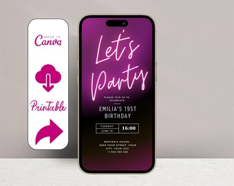 Plantilla de invitación digital de cumpleaños con luz de neón púrpura, invitación telefónica con mensaje de texto, brillo púrpura, fiesta para adolescentes, fiesta para niñas, cualquier edad, móvil Evite