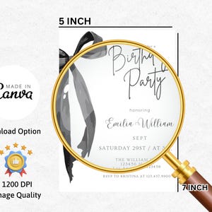 May include: A white invitation card with a black ribbon design, measuring 5 inches by 7 inches. The card reads "Birth Party" and honors Emilia William. Includes details for the event, such as the date, time, and RSVP information.