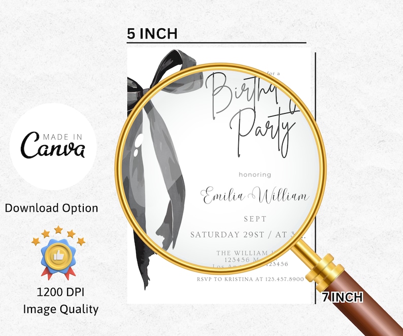 May include: A white invitation card with a black ribbon design, measuring 5 inches by 7 inches. The card reads "Birth Party" and honors Emilia William. Includes details for the event, such as the date, time, and RSVP information.