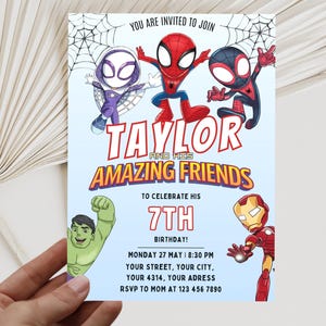 Spidey and his Amazing Friends Watercolor Birthday Party Invitation, Printable Superhero Birthday Invite, Template, Editable Mobile Invite