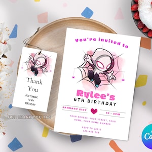 Editable Girl Ghost Spidey Birthday Invitation, Gwen Birthday Party Invitation, Printable Gwen Invitation Template, Gwen Thank You Party Tag