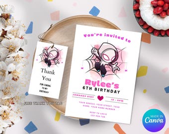 Editable Girl Ghost Spidey Birthday Invitation, Gwen Birthday Party Invitation, Printable Gwen Invitation Template, Gwen Thank You Party Tag