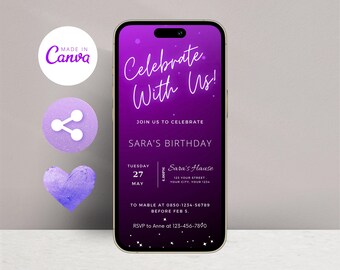 Plantilla de invitación de cumpleaños en morado neón, editable, imprimible, para teléfono, SMS, fiesta, correo electrónico