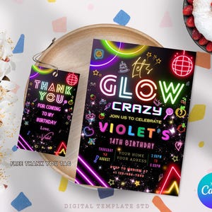 Glow Party Birthday Invitation, Glow Invitation, girl, boy, Neon Party Invite, Neon Lights, Glow Party Template, Editable Canva, Glow Evite