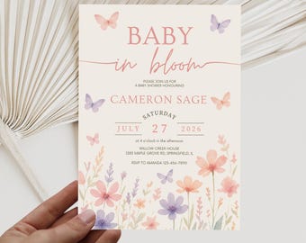 Editable Baby in Bloom Invitation, Wildflowers Floral Baby Shower Invitation, Butterflies Purple Pink Flower Invitation, Wild Flower Invite
