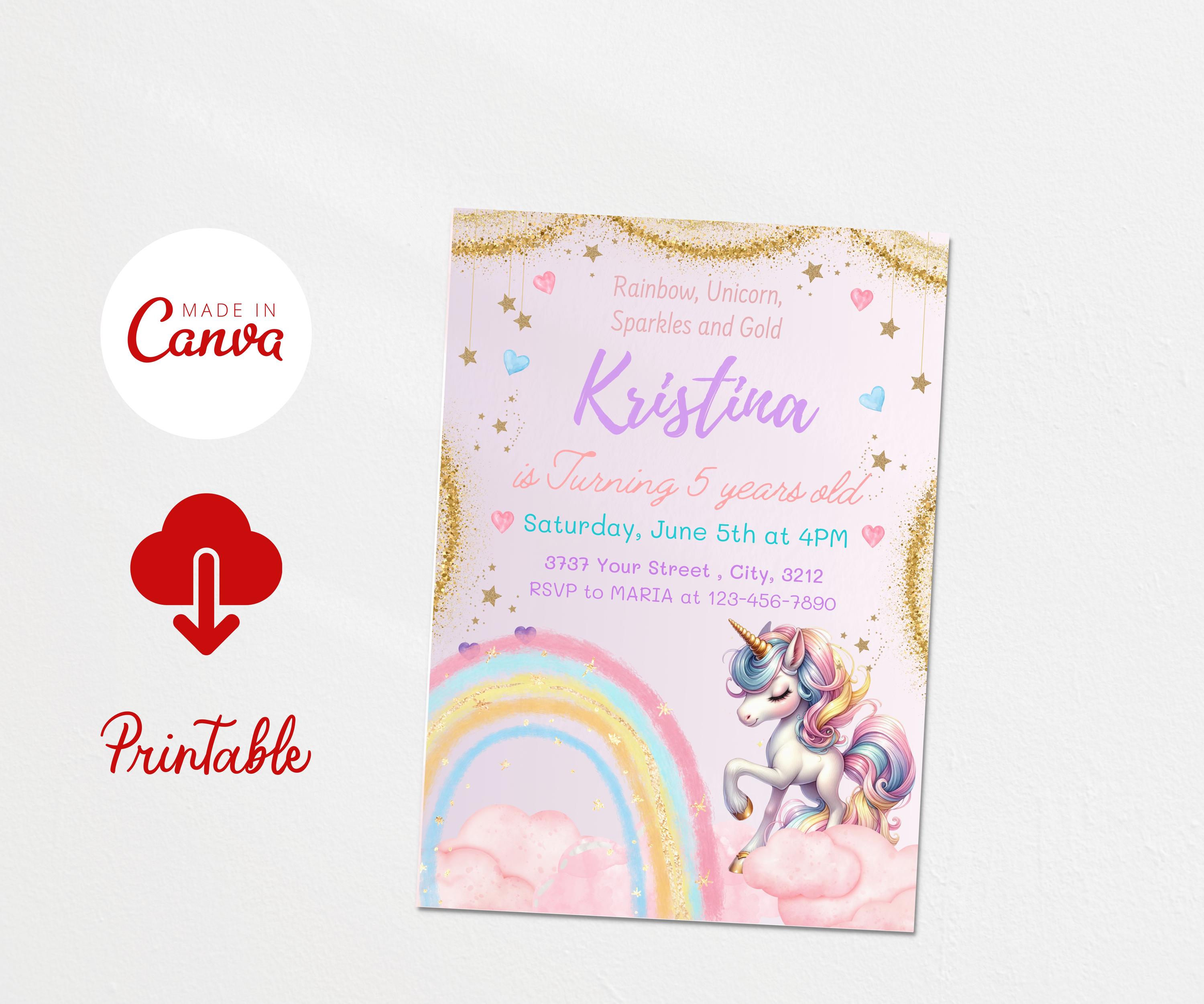 Unicorn Pastel Birthday Invitation, Rainbow Unicorn Sparkles and Gold ...