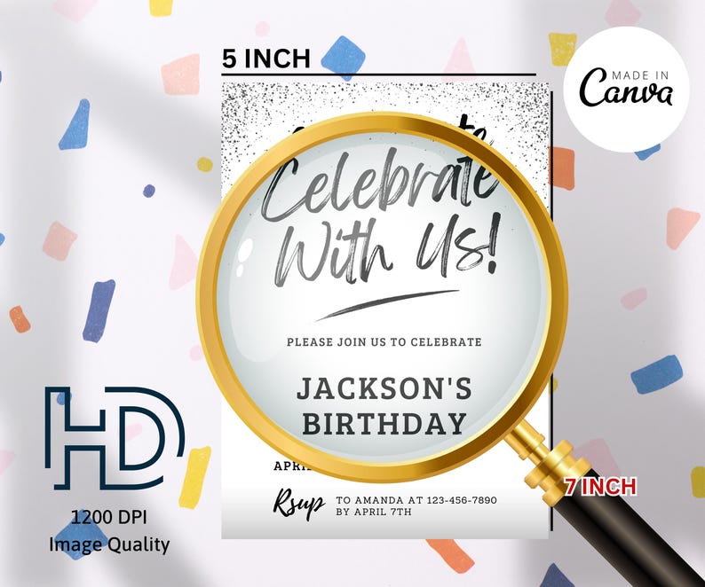 May include: A white birthday invitation with black text that reads "Celebrate With Us!" and "Jackson's Birthday". The invitation is 5 inches by 7 inches and has a white background with black confetti.