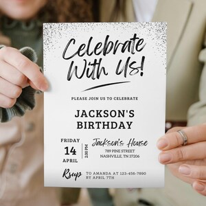 May include: A white birthday party invitation with black text. The invitation says "Celebrate With Us!" and includes details for Jackson's birthday party, including the date, time, location, and RSVP information.