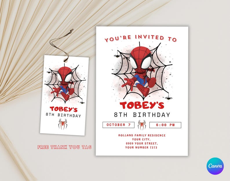 Spider man Invitation Template, Printable Birthday Party Invitation, Editable Spiderman Birthday Invite, Digital For Kids Birthday Template image 1