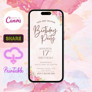 Floral Digital Birthday Invitation, Editable Floral Birthday Invitation, Printable Flower Party Invite, Text Message Electronic Invite