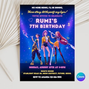 KPOP Demon Hunters Birthday Invitation, Editable Kpop Anime Invite Template, Huntrix Invitation, Printable Canva Birthday Card for Kids