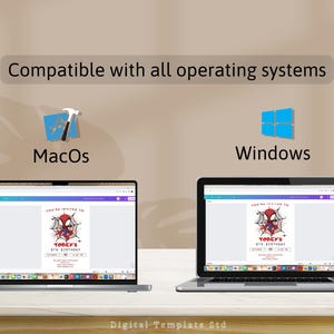 May include: A digital template for a Spiderman birthday invitation. The template is shown on a laptop screen. The text on the template says "You're invited to Toby's 6th Birthday". The image shows that the template is compatible with both Mac and Windows operating systems.