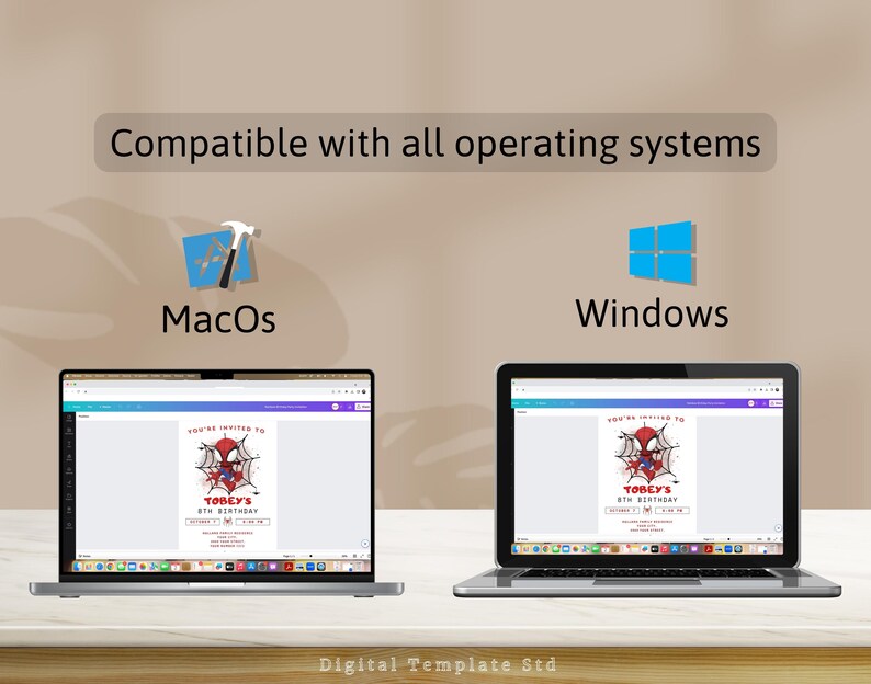 May include: A digital template for a Spiderman birthday invitation. The template is shown on a laptop screen. The text on the template says "You're invited to Toby's 6th Birthday". The image shows that the template is compatible with both Mac and Windows operating systems.