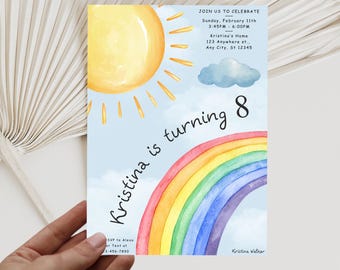 Editable Watercolor Rainbow Birthday Party Invitation Template, Colorful Birthday Party Invite, Digital Girls Birthday Party Invites